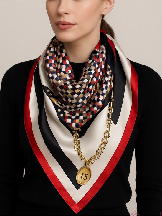Vintage Accessories - Vintage satin equestrian print neck scarf geometric & chain print red white blue